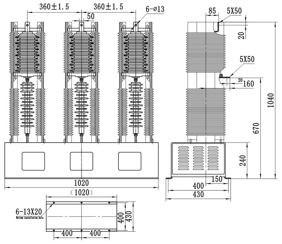 LHVC36-630-3 AC Vacuum Contactor Outline Dimension